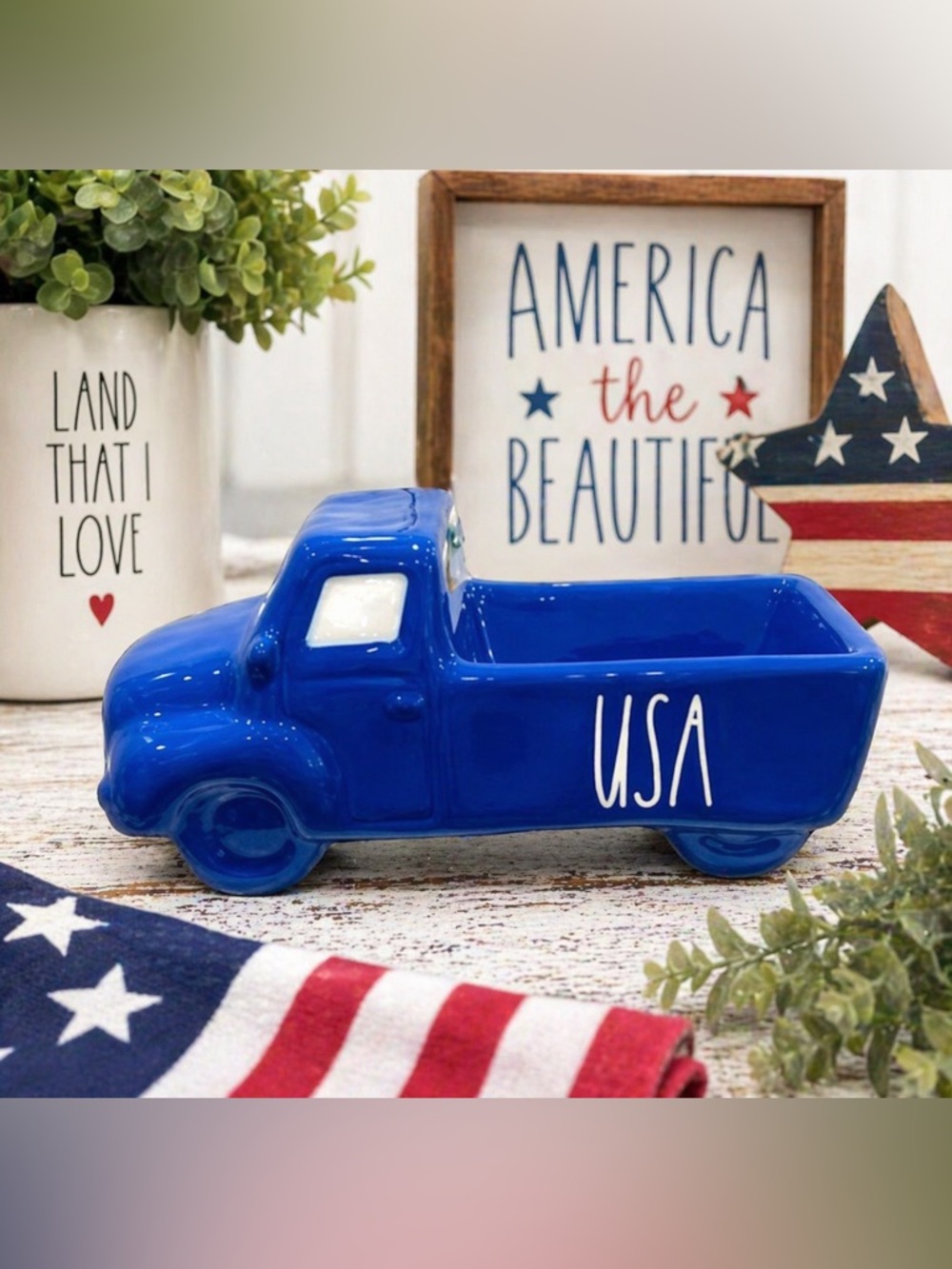 Rae Dunn Blue USA Farmhouse Truck Ceramic Decor Patriotic HTF NEW